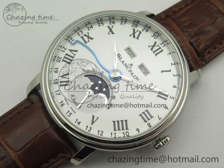 Upgraded Villeret Quantième Complet 8 Jours SS Complicated Function OMF 1:1 Best Edition White Dial on Brown Leather Strap A 7983