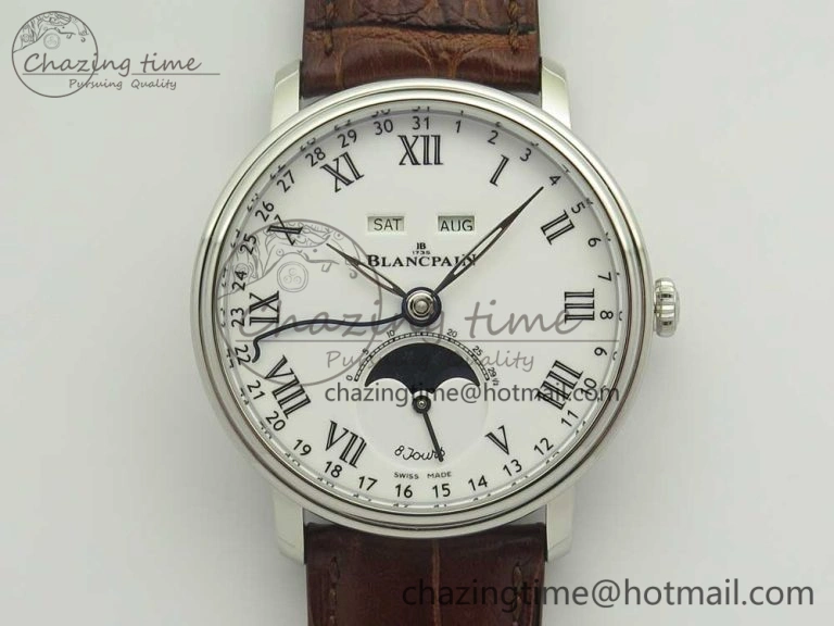 Upgraded Villeret Quantième Complet 8 Jours SS Complicated Function OMF 1:1 Best Edition White Dial on Brown Leather Strap A 7983