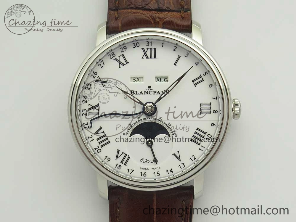 Upgraded Villeret Quantième Complet 8 Jours SS Complicated Function OMF 1:1 Best Edition White Dial on Brown Leather Strap A 7983