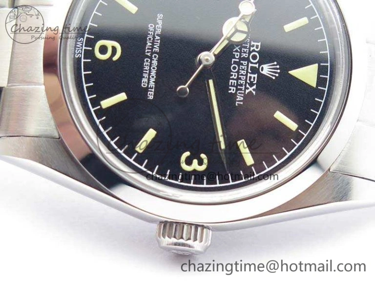 Unique Vintage Explorer Ref.1016 Black Dial Cream Markers On SS Bracelet A23J 3542
