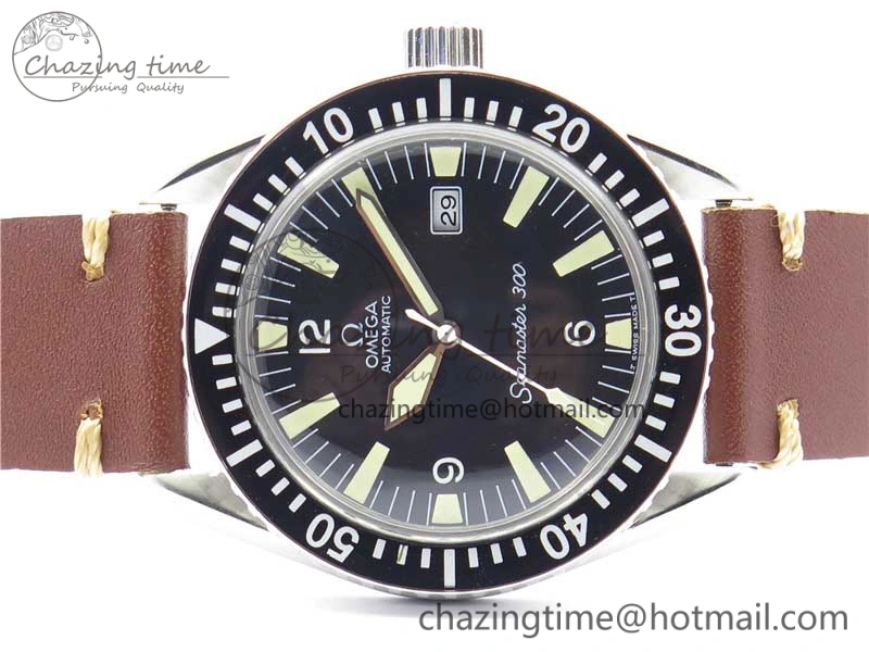 OnTrend Vintage Seamaster 300 Date SS B12 Black Dial On Brown Leather Strap A2836 (Free Nylon Strap) 7913