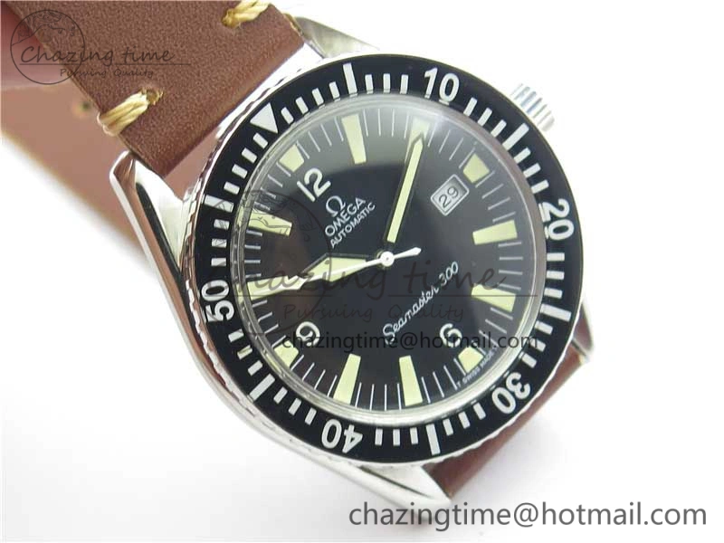 OnTrend Vintage Seamaster 300 Date SS B12 Black Dial On Brown Leather Strap A2836 (Free Nylon Strap) 7913