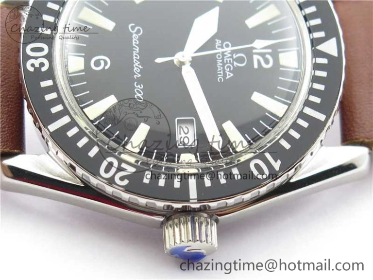 OnTrend Vintage Seamaster 300 Date SS B12 Black Dial On Brown Leather Strap A2836 (Free Nylon Strap) 7913