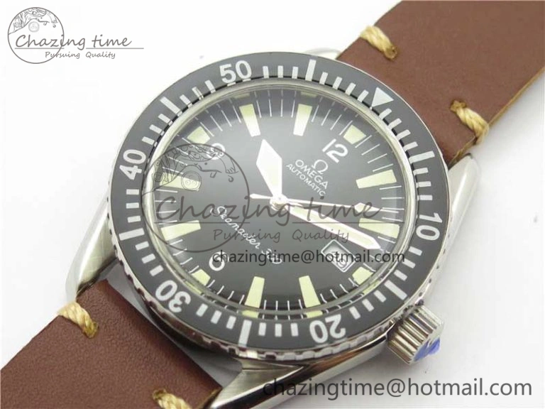 OnTrend Vintage Seamaster 300 Date SS B12 Black Dial On Brown Leather Strap A2836 (Free Nylon Strap) 7913