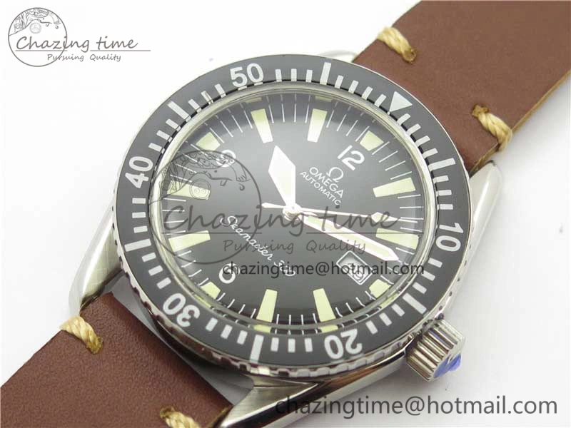 OnTrend Vintage Seamaster 300 Date SS B12 Black Dial On Brown Leather Strap A2836 (Free Nylon Strap) 7913