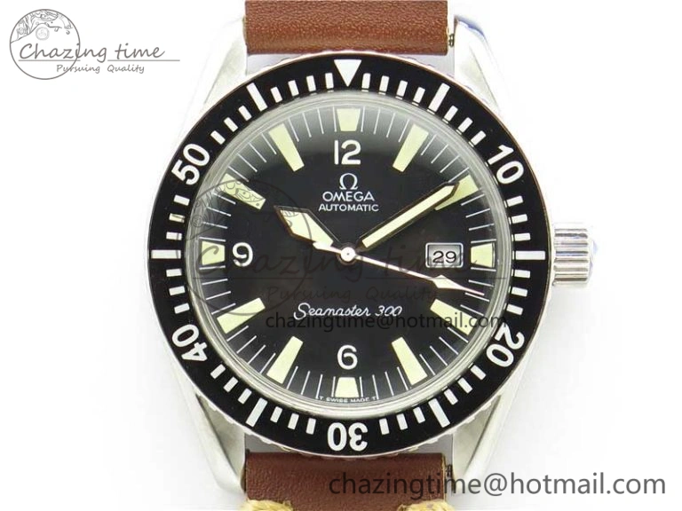 OnTrend Vintage Seamaster 300 Date SS B12 Black Dial On Brown Leather Strap A2836 (Free Nylon Strap) 7913