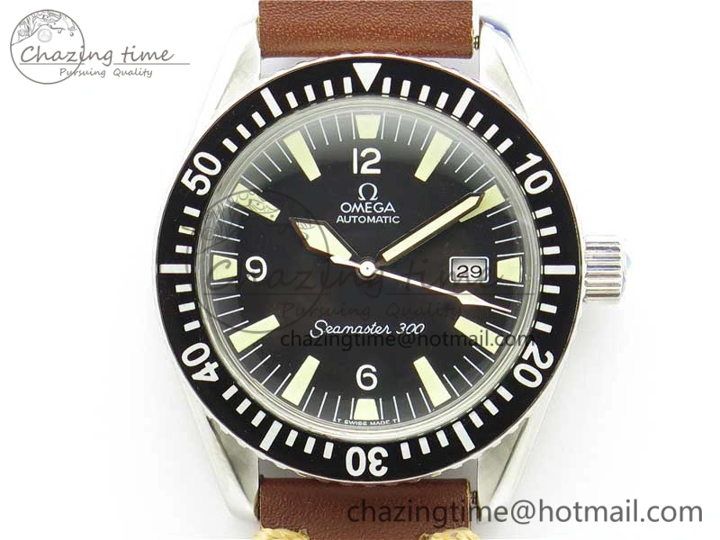 OnTrend Vintage Seamaster 300 Date SS B12 Black Dial On Brown Leather Strap A2836 (Free Nylon Strap) 7913