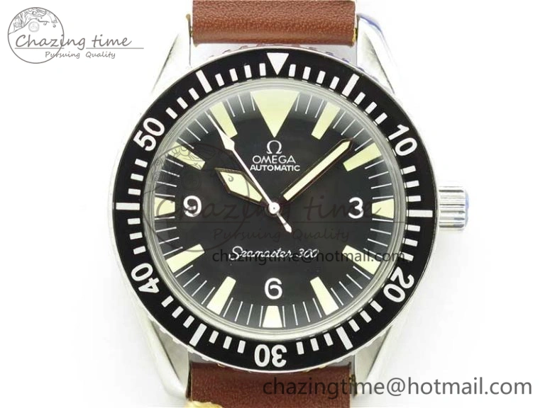 Vintage Seamaster 300 No Date SS B12 Black Dial On Brown Leather Strap A2836 (Free Nylon Strap) Soft 7912